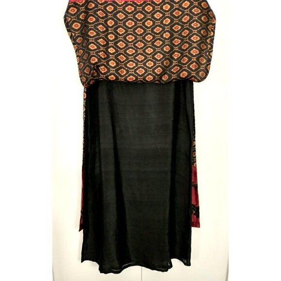 Thai Silk Sleeveless Layered Shift Dress Midi Pullover Black Gold Red - Large - Picture 5 of 8
